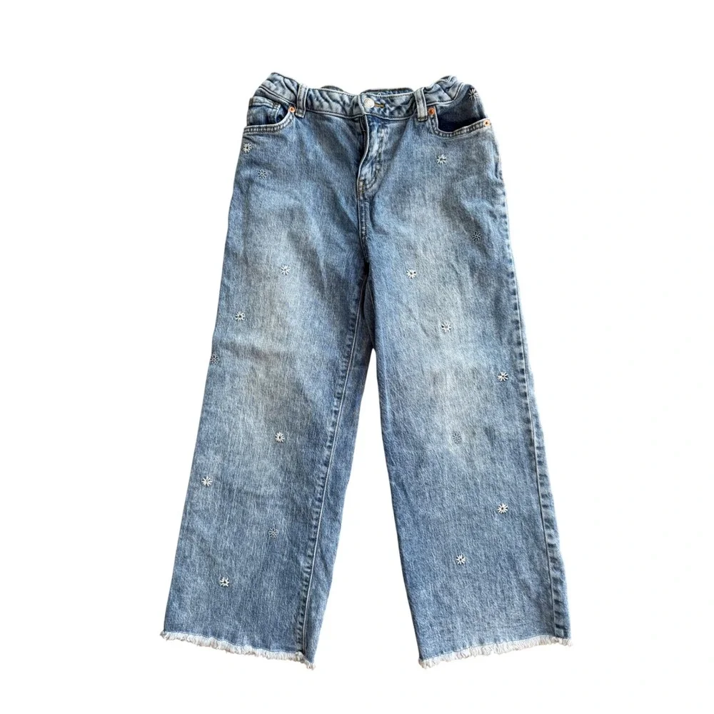 Cat & Jack Girls Wide Leg Daisy Embroidered Jeans Blue Medium Wash Size 14